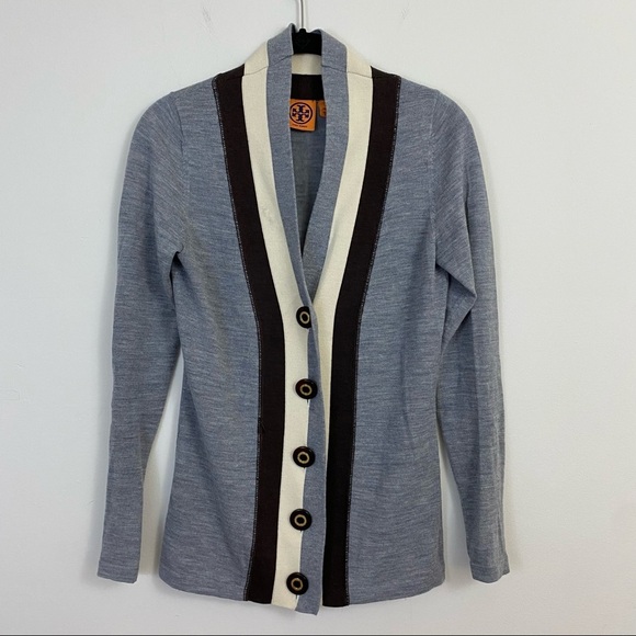 Tory Burch Caz Cardigan 100% Wool Grey Chimney Melange Colorblock Stripe Gray XS - Picture 1 of 8